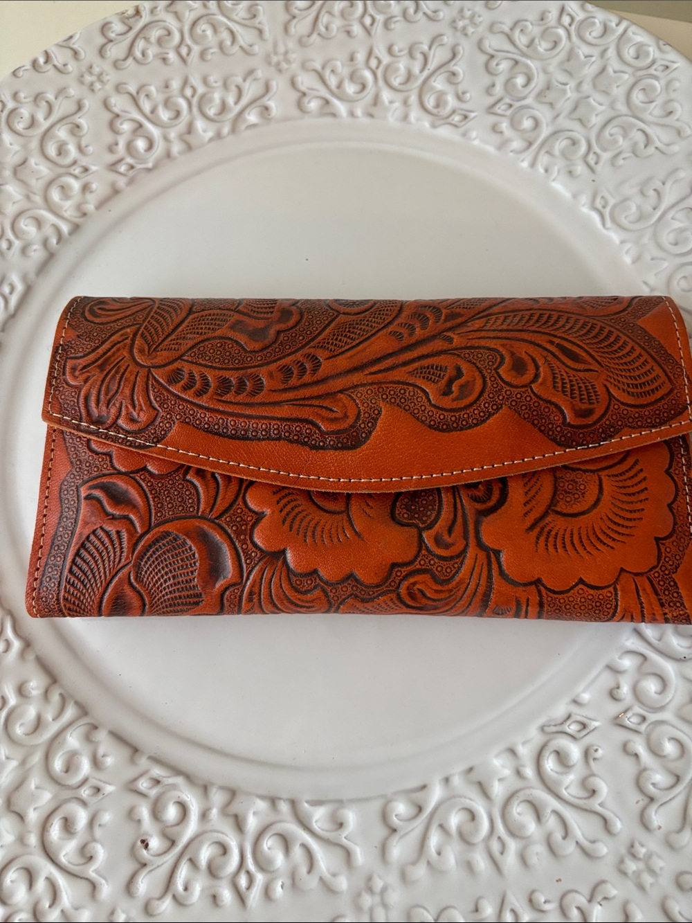 Saly Limon Leather Embossed Floral Wallet Clutch in Cognac